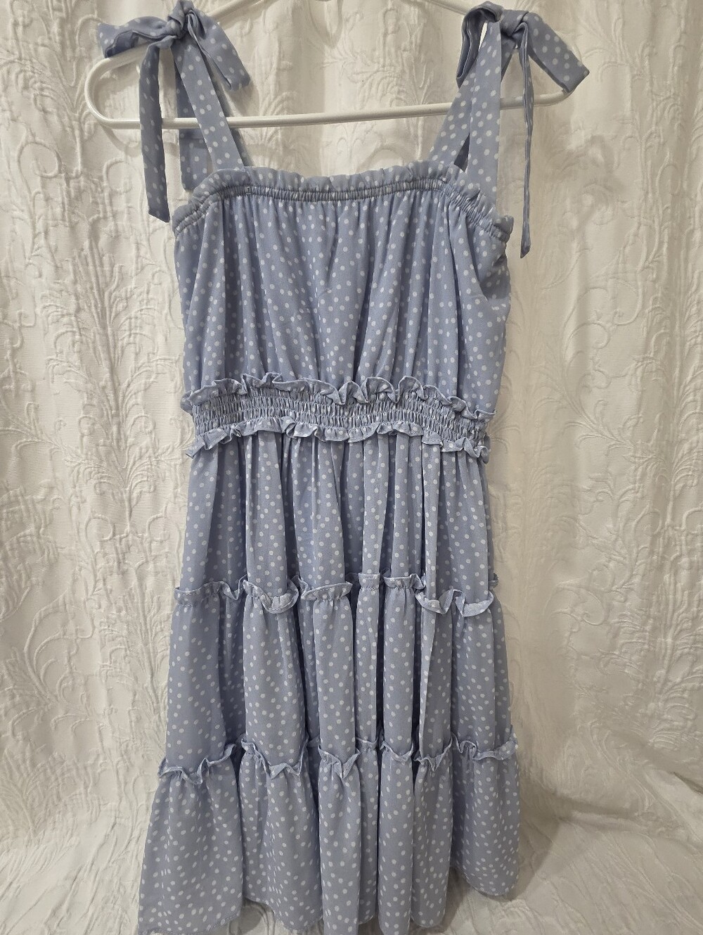 Rare Editions Blue Polka Dot Tiered Sun Dress Tie Shoulder Strap Cottagecore